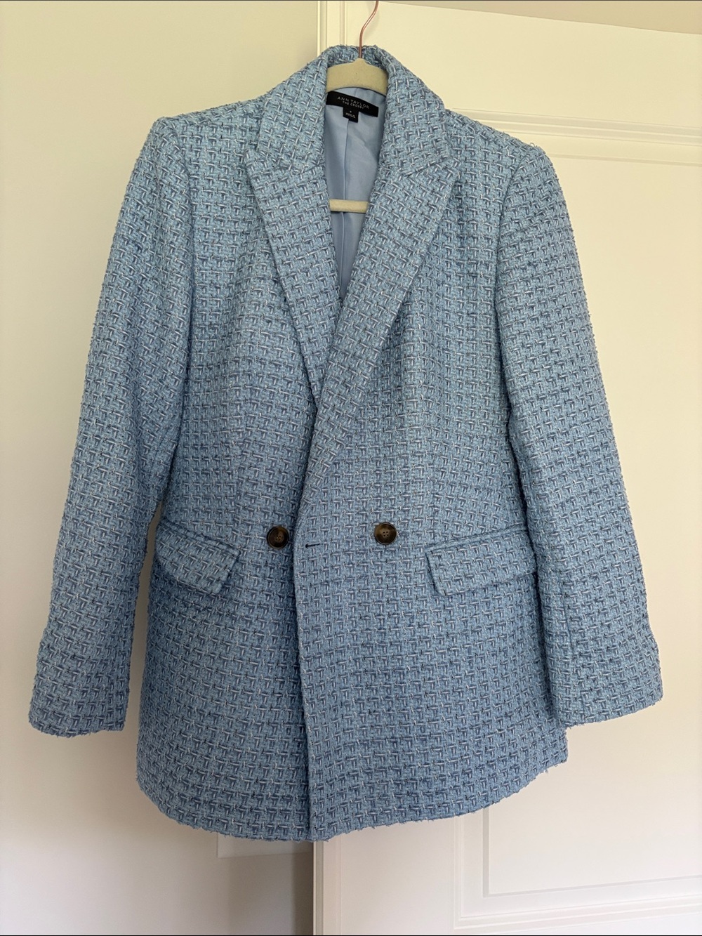 Ann Taylor Light Blue Tweed Double-Breasted Blazer